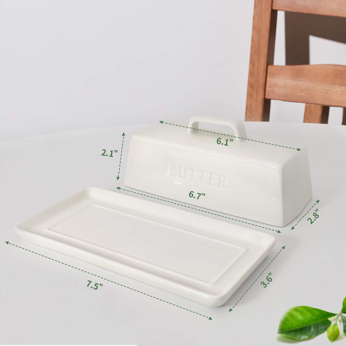 Gute Butter Dish with Lid for Countertop  Covered Ceramic Butter Dish  Butter Tray Storage for 1 Stick of Butter  Butter Keeper Container with Handle for Kitchen  White